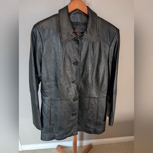 Danier Black Leather Button-Front Jacket with Pointed Collar